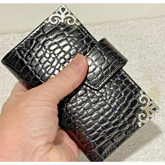 Brighton Black Leather Wallet Moc Croc Textured Card ID Bifold Coin Purse Silver - Picture 9 of 9